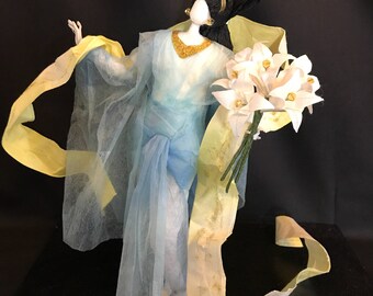 Japanese washi paper doll , heavenly nymph with lilies, Washi Ningyo