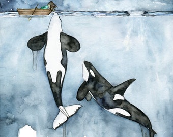 XLARGE Watercolor Orca Painting - Sizes 16x20 and up, "Poseidon's Touch", Whale Nursery, Whale Art, Whale Print, Orca Whale, Beach Decor