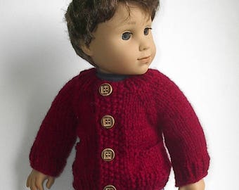 18" Boy Doll Clothes Knit Cranberry Red Cardigan Sweater with Pockets Handmade Ato fit AG Boy Doll Logan and Other similar dolls