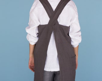 Linen cross back apron, Japanese style apron, Pinafore dress, Linen pinafore, Linen Japanese pinafore, Linen cross over apron, No ties apron