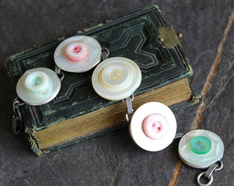 Mother of pearl button bracelet pink green MOP shell, vintage buttons, assemblage, jewelry up cycled, recycled, oldnouveau