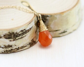 Carnelian Necklace, 14k Gold Filled Orange Gemstone Pendant Yellow Gold Wire Wrapped Carnelian Pendant
