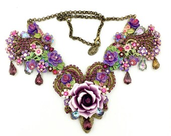 Vintage MICHAL NEGRIN NECKLACE Lace Back Swarovski Crystal Victorian Style Statement Necklace