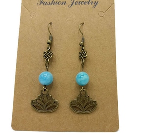 Aquamarine gemstone earrings, Chinese knot and lotus flower bronze gift women - Made in France - B084