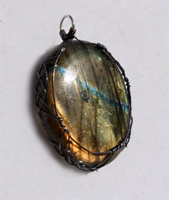Labradorite pendant wrapped Celtic style with sterling silver and copper