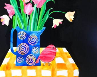 Still Life with Tulips and Red Bird