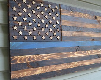 Thin Blue Line Wooden Flag, Police Flag, Police, Thin Blue Line, Blue, Charred, Burnt, Wooden Flag, United States Flag, US Flag, US Police