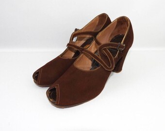 1940's American Brown Suede Peep Toe Shoes - UK 5 US 7