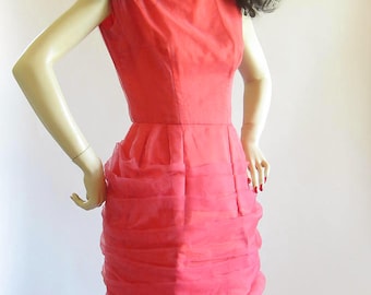 Vintage 50s Coral Chiffon ruched Wiggle Dress s xs pellon lined skirt
