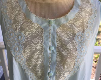 1970's Night Gown, Vintage Lingerie,Pale blue Slinky Nylon, with ecru lace inset and embroidery