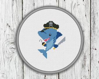 Cute Pirate Shark Counted Cross Stitch Pattern, Shark Needlepoint Pattern - PDF, Instant Download