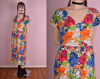 90s Colorful Floral Button Down Dress/ Medium/ 1990s