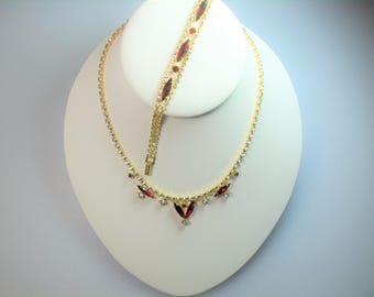Vintage Gold Tone Prong Set Ruby Red and Clear Rhinestone Necklace and Matching Bracelet Set