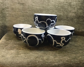 Cobalt Blue on White Rice Soup Bowls, Blue and White Bowls, Textured Porcelain, Set of 6, Asian Rice Bowls, Asian Soup Bowls