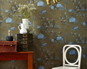 Woodlands Wallpaper Khaki Blue