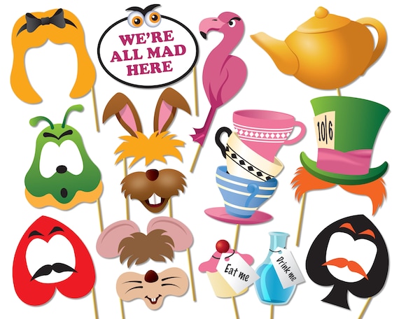 Printable Alice in wonderland party photo booth props set. Mad Printable Alice in wonderland party photo booth props set. Mad