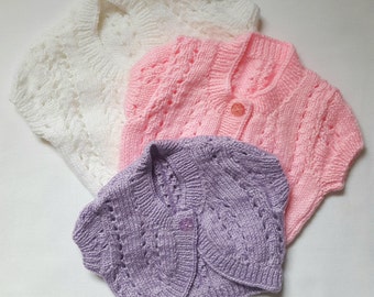 Hand Knitted Baby Cardigan With Lace Knit Detail, Shaped Front & Short Sleeves | Baby Gift | Hand Made | Baby Boy | Baby Girl