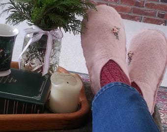 Wool Slippers Leather Sole Womens Medium Recycled Sweater Eco Friendly Birthday Gift for Her Felted Wool Ready to Ship Handmade Moccasins