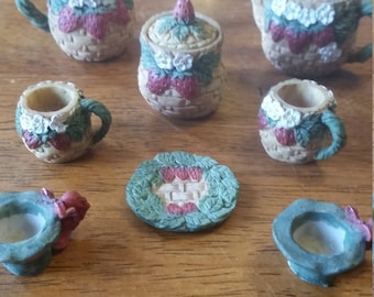 Miniature china tea set ceramic pitcher and mugs.Strawberry decor mini collectable