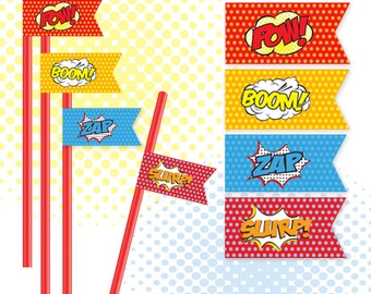 Superhero Straw Flags / Superhero Food Flags - Superhero Party / 4 Designs / PDF / INSTANT DOWNLOAD