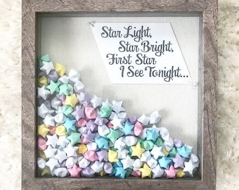Brown Wooden Shadow Box filled with Pastel Origami Stars and Star Quote