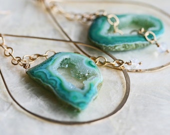 Druzy Earrings- Drusy Earrings - Gold Hoop Earrings - Geode Earrings- Green Druzy Earrings