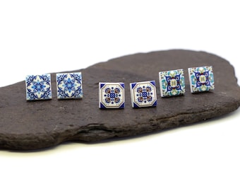 Square stud earrings, portuguese tile earrings, blue casual earrings, Portugal souvenir, ceramic earrings, anniversary gifts for women