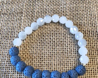 Blue Lava Rock Beads - White Glass Beaded Bracelet