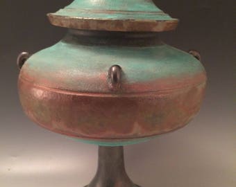 Lidded pedestal rustic copper bronze container