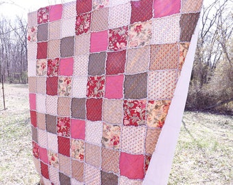 Rag Quilt - Queen Quilt - Cottage Chic Floral Quilt - maroon red, sage green, ecru, dusty pink - Gift For Her - Mother's Day