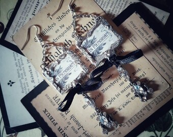 The Weeping Menagerie series. "In Memoriam" - Memorial death funeral card mourning soldered pendant earrings.