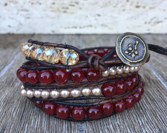 Leather Wrap Bracelet Burgundy Glam