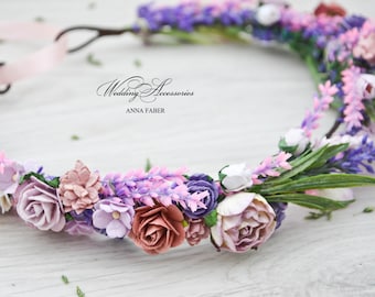 Lavender floral crown, bridal flower crown, rustic flower crown, lavender bridal crown, woodland wedding, lavender wedding, lavender crown.