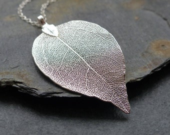 Real leaf necklace, sterling silver chain, silver dipped leaf, natural jewelry, woodland jewelry, boho necklace, long necklace, gift for her