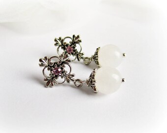 Cross earrings, quartz drop earrings, white stone earrings, stone cross earrings, gemstone drop earrings