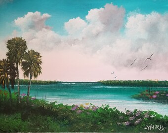 Original Painting Florida Landscape Art Tropical Painting Lake Okeechobee 3 Palms