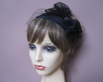 Black fascinator sinamay teardrop veiled hat with bow & french net veil 1940s 1950s style headpiece wedding funeral occasion wear formal hat