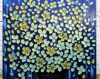 Original Yellow Flowers Navy Heavy Impasto Acrylic Palette Knife Painting. Size 36 x 36.Made2Order.