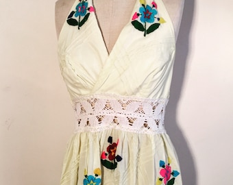 Vintage 60s 70s Yellow Embroidered Mexican Halter Dress