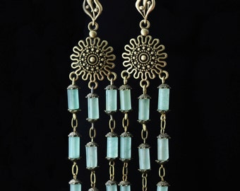 Vintage Chandelier Earrings Boho Earrings Boho Jewelry Long Chandelier Earrings Beaded Gemstone Earrings Boho Tribal Earrings Green Earrings