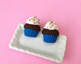 Chocolate Cupcake Stud Earrings - polymer clay miniature food jewelry