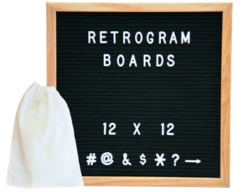 Black Felt - Oak Frame Retro Letter Board 12 x 12 inch with 300 White interchangeable letters and FREE letter bag
