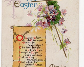 A Happy Easter Vintage Postcard with Cross, violets, scroll with verse