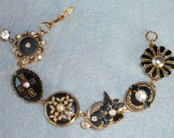 Vintage Collage Bracelet - Elegant Black and Gold made from vintage rhinestone/pearl jewelry