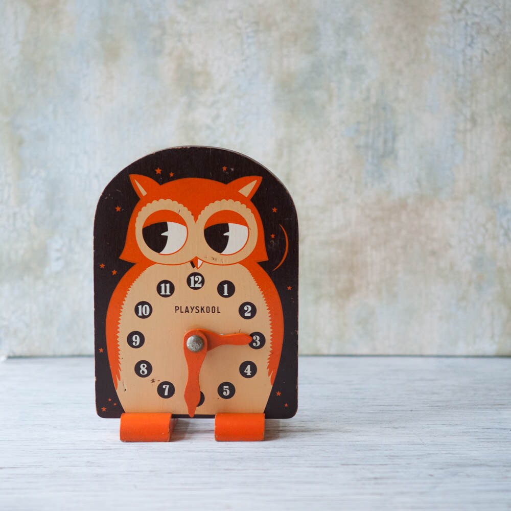 Playskool Owl Clock Toy Wooden 1960s Orange Brown And Beige Zoom