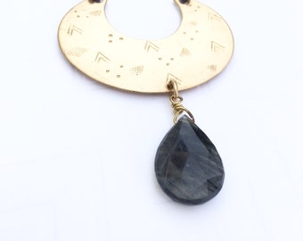 Mountain Rain necklace | brass crescent with tourmalinated quartz teardrop