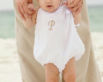 White Monogrammed Bubble Romper, coming home outfit, baby shower gift, birthday, solid white, sizes newborn, 3, 6 ,12 months, 18 months,