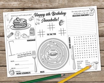 Pancake Coloring Page, Pancake and Pajama Party Activity Mat, Pancake Printable Placemat, Pancake Game Placemat