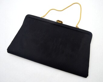 Classic Black Vintage Handbag or Evening Purse, Bobbie Jerome, Gold Tone Accents and Chain Strap, 1950s-1960s