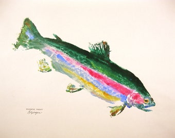 GYOTAKU fish Rubbing Colorful Rainbow Trout 8.5 X 11 quality Fly Fishing Art Print Cottage Decor by artist Barry Singer